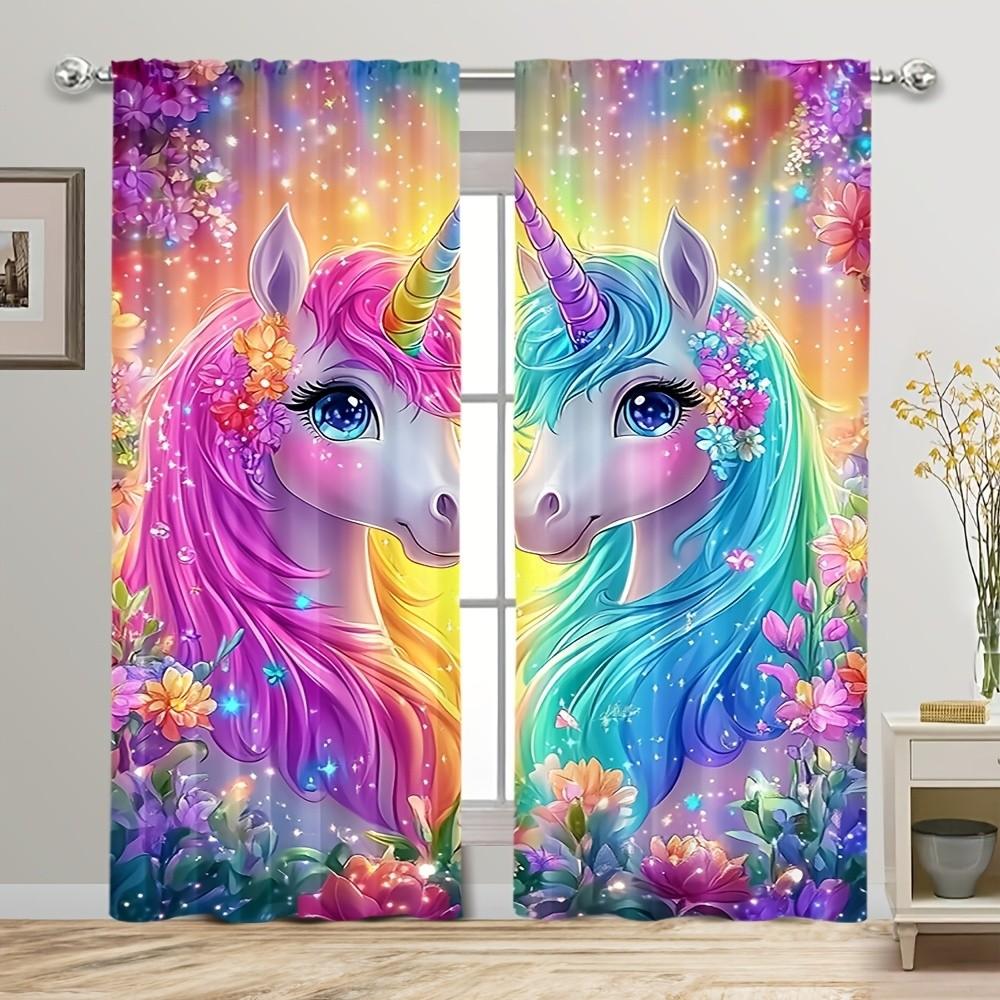 2 pieces, Magic Unicorn Flower Curtains with vibrant rainbow and sparkling star design - rod pocket style, semi-sheer polyester, suitable for home living room bedroom balcony kitchen study and bathroom window decoration, easy to clean.