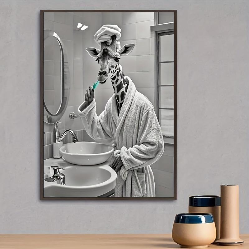 Wearing Robe Giraffe Brushing Teeth Canvas Print - 40.01x 59.94cm , HD Waterproof Wall Art, Frameless Modern Decoration, Suitable for Bathroom, Bedroom, Living Room or Office, Unique Gift Idea, Animal Art Print, Giraffe Poster, Canvas Artwork, Office Artw