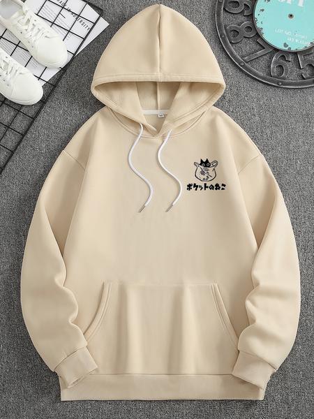 Men's Cartoon Cat & Letter Print Drawstring Thermal Lined Hoodie, Casual Regular Fit Long Sleeve Pocket Hooded Sweatshirt for Fall & Winter, Men's Clothes for Daily Wear