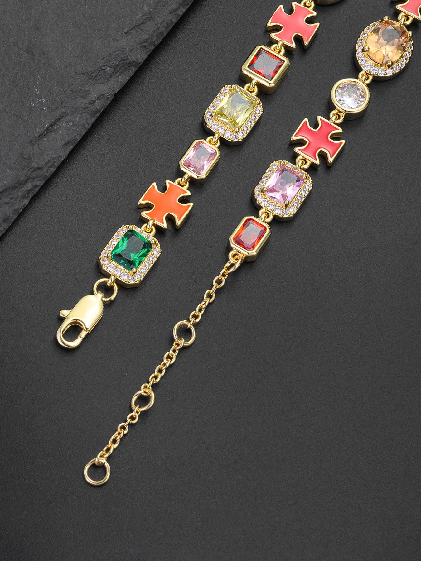 Iced Chics 2pcs/set Necklace Bracelet Set, Zirconia Jewelry Set, Colorful Zircon Cross Drip Pendant, Hip Hop Street Style, Unisex, Perfect Gift, All Seasons