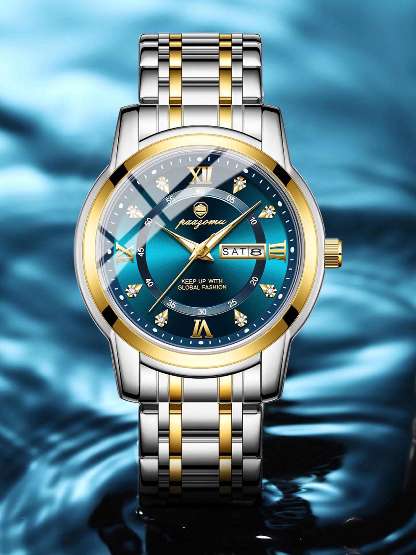 Paazomu Men's Wristwatch, Stainless Steel Waterproof Luminous, Casual Quartz Watch with Date and Week Display, Stylish Business Accessory