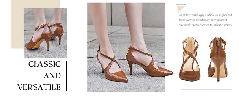 Coutgo Womens Pumps High Heels Pointed Toe Crossed Strap D'Orsay Zip up Stilettos Party Dress Shoes Dark Brown Footwear