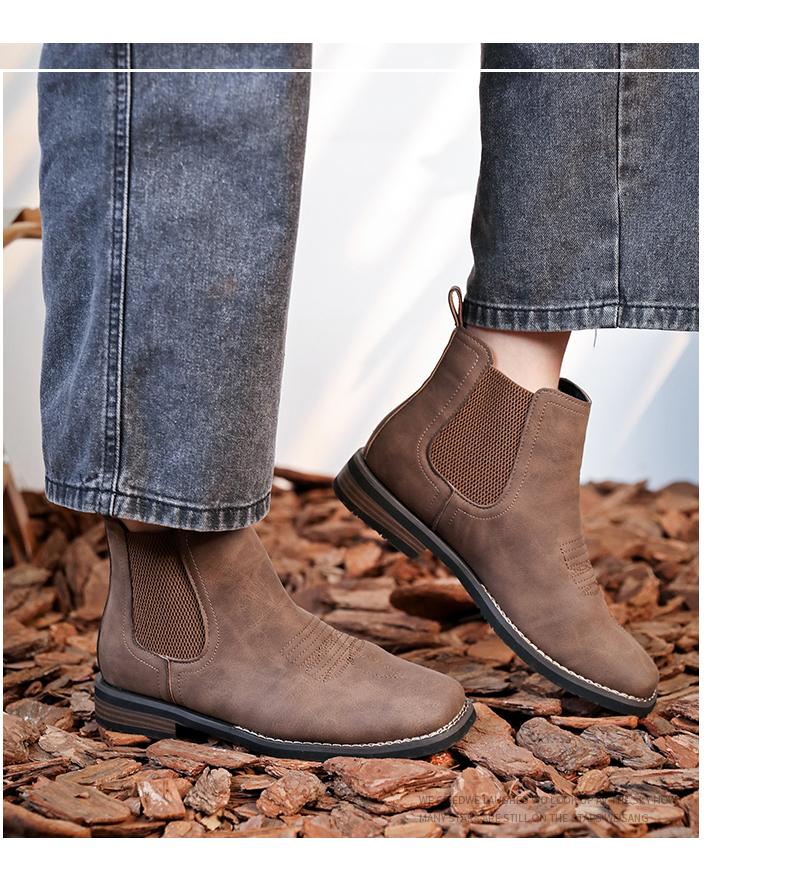 Men's Western cowboy boots, square-toe Chelsea boots, casual and retro, stylish and classic, comfortable and versatile. The simple design is suitable for office wear, outdoor activities, and everyday use.