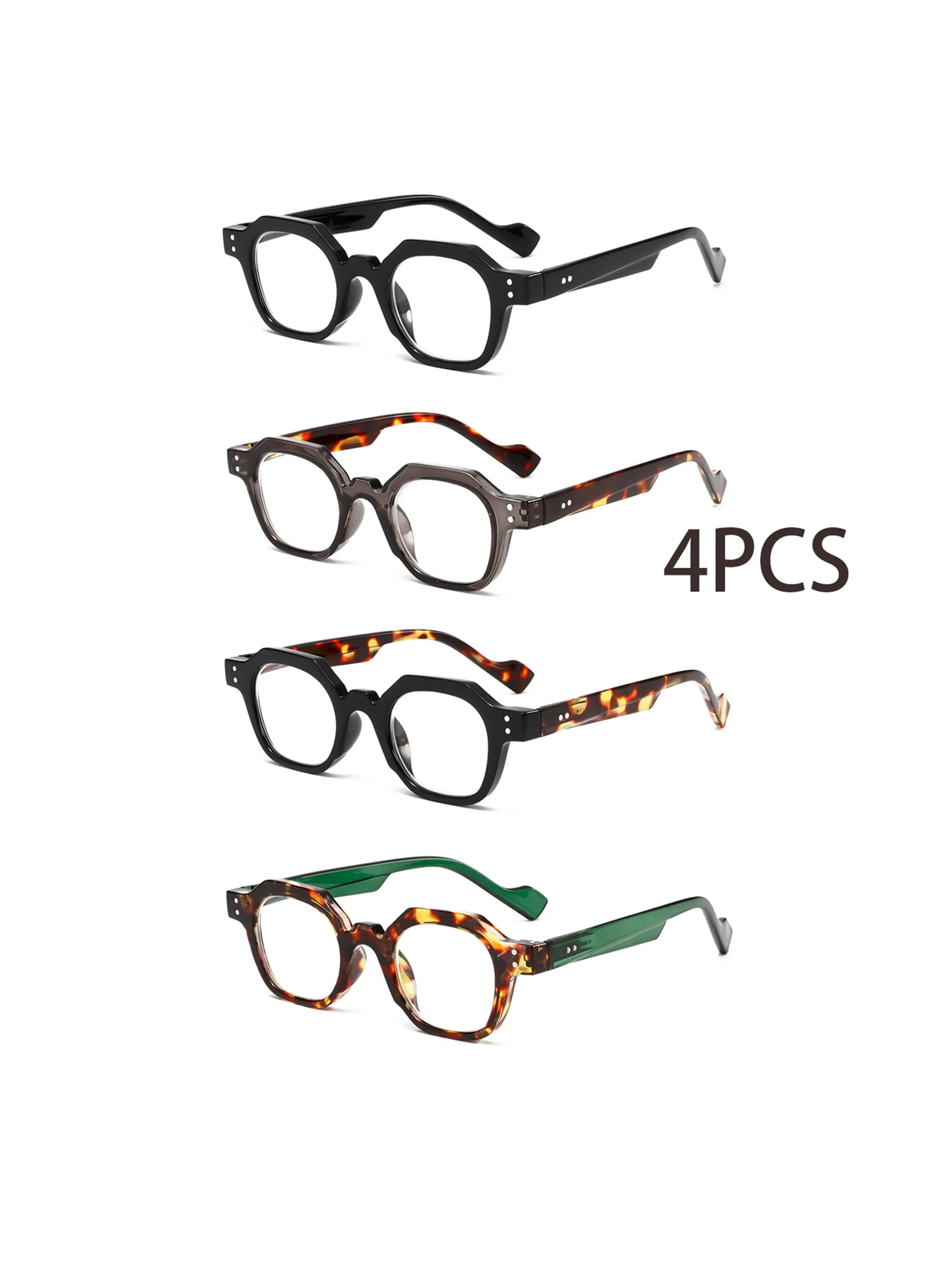 4 Pairs Polygon Blue Light Blocking Glasses, Vintage Tortoise Shell Color, HD Protective Lightweight Frame, Unisex Office Internet Use
