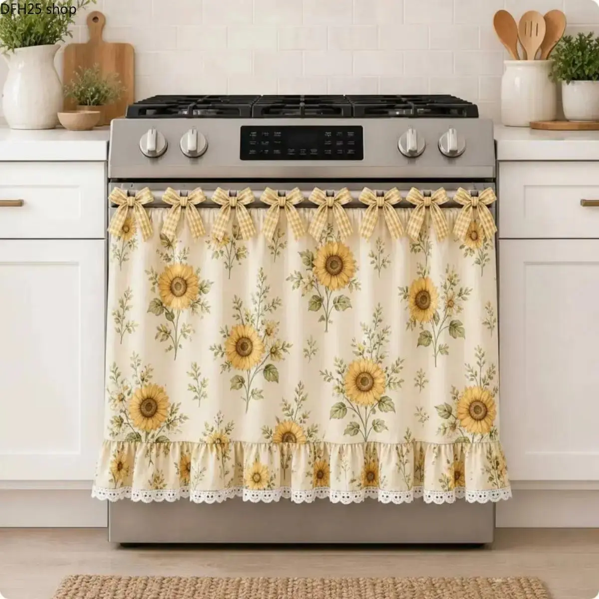 Floral Oven Skirt Decorative Cover, Cotton Blend Kitchen Curtain with Farmhouse Print Design for Cabinets, Oven Handles and Home Decor