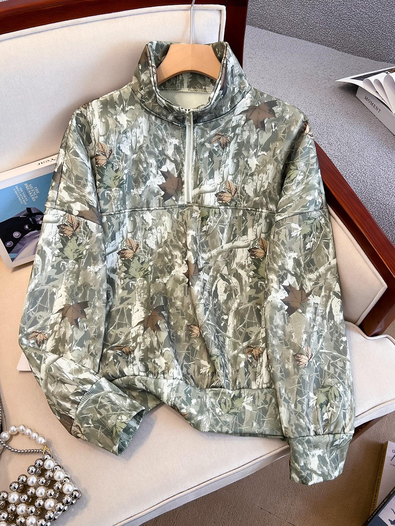 Women's Camo Printed Half-Zip Collared Hoodie, Casual Long Sleeve Loose Fit Top, Outdoor Fashion Fall & Winter Clothing