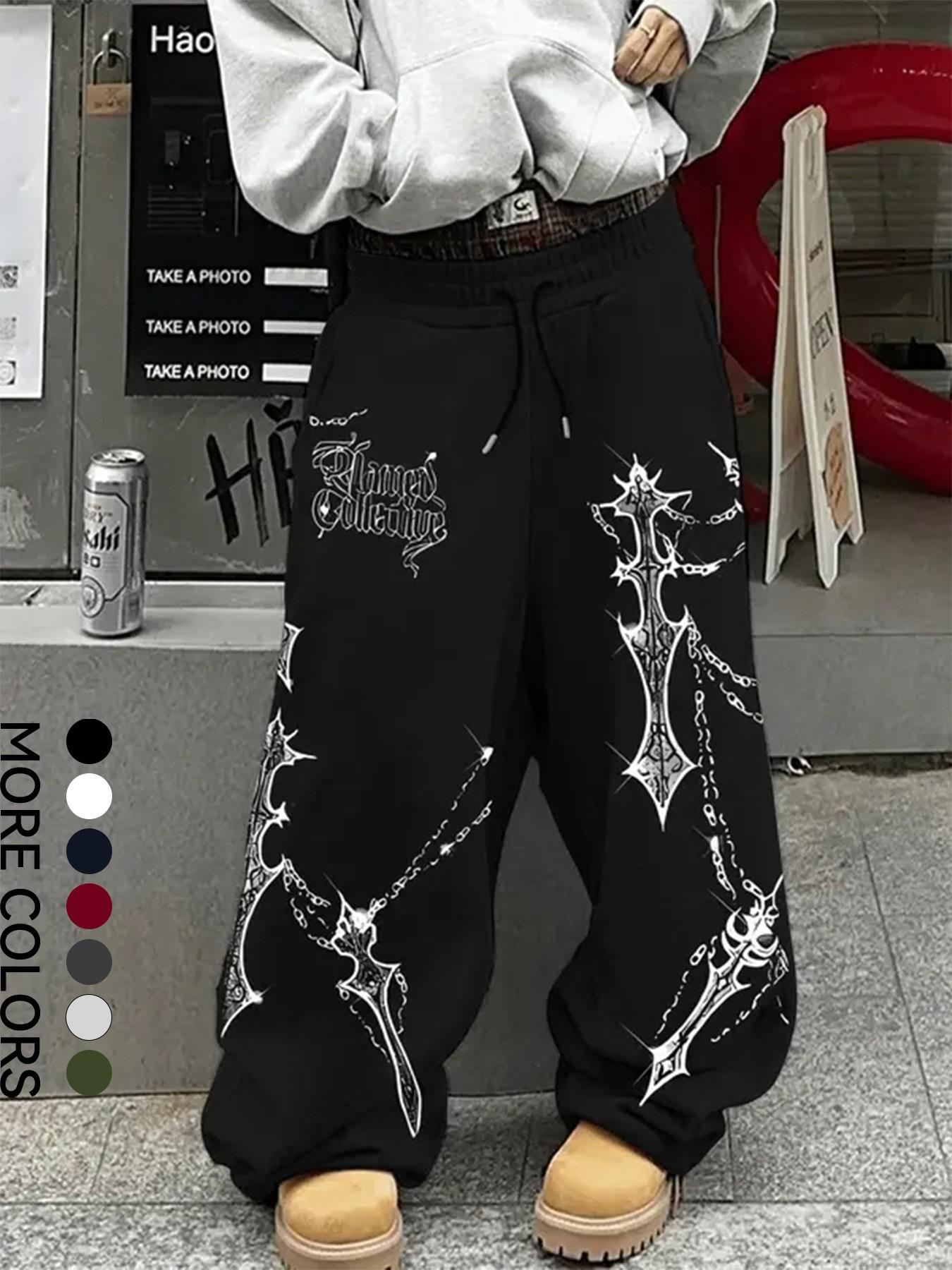Red Baggy Y2K Sweatpants with Gothic Cross Print - Oversized