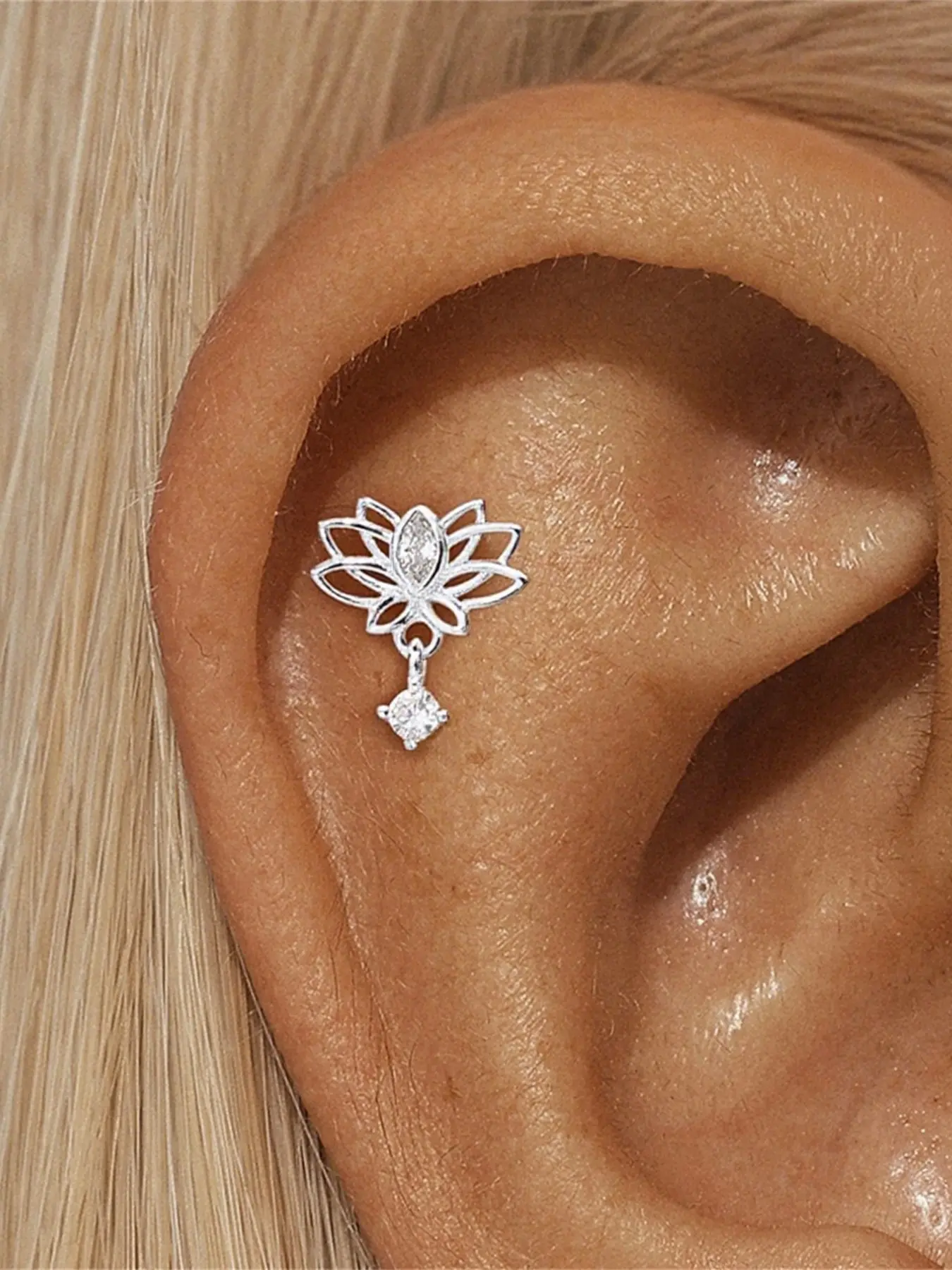 Waterproof 18K White Gold Plated S925 Sterling Silver Lotus Earring | 1PC Hollow Flower Marquise Diamond Drop Dangle Stud | Internally Threaded Flatback Sleep Safe Shower Safe | Hypoallergenic Cartilage Helix Piercing Jewelry Gift