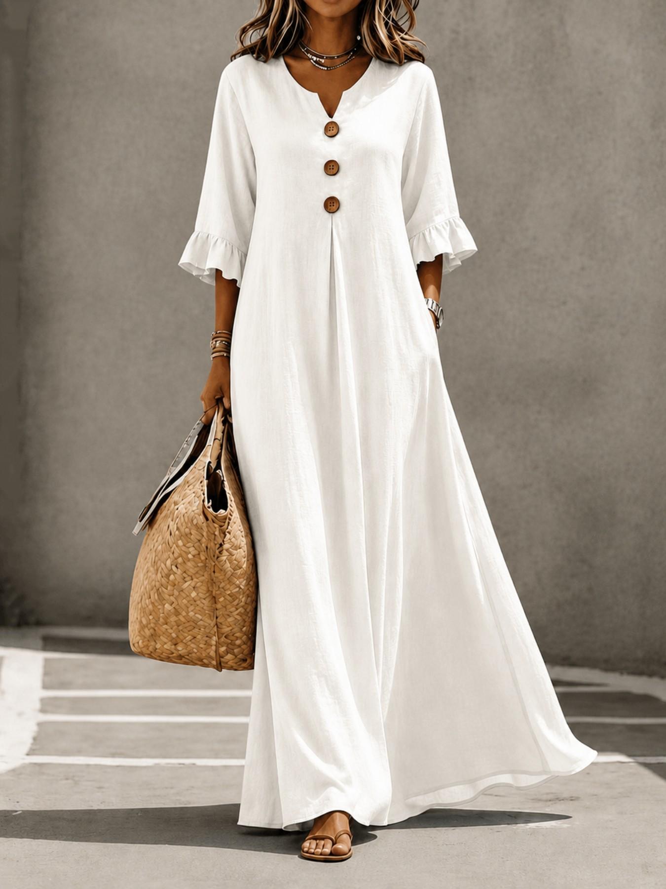 Women's Boho Aesthetic Style Solid V-Neck Dress with Wooden Buttons and Ruffle Sleeves, Loose-Fit A-Line Skirt, Fall & Winter Casual Wear