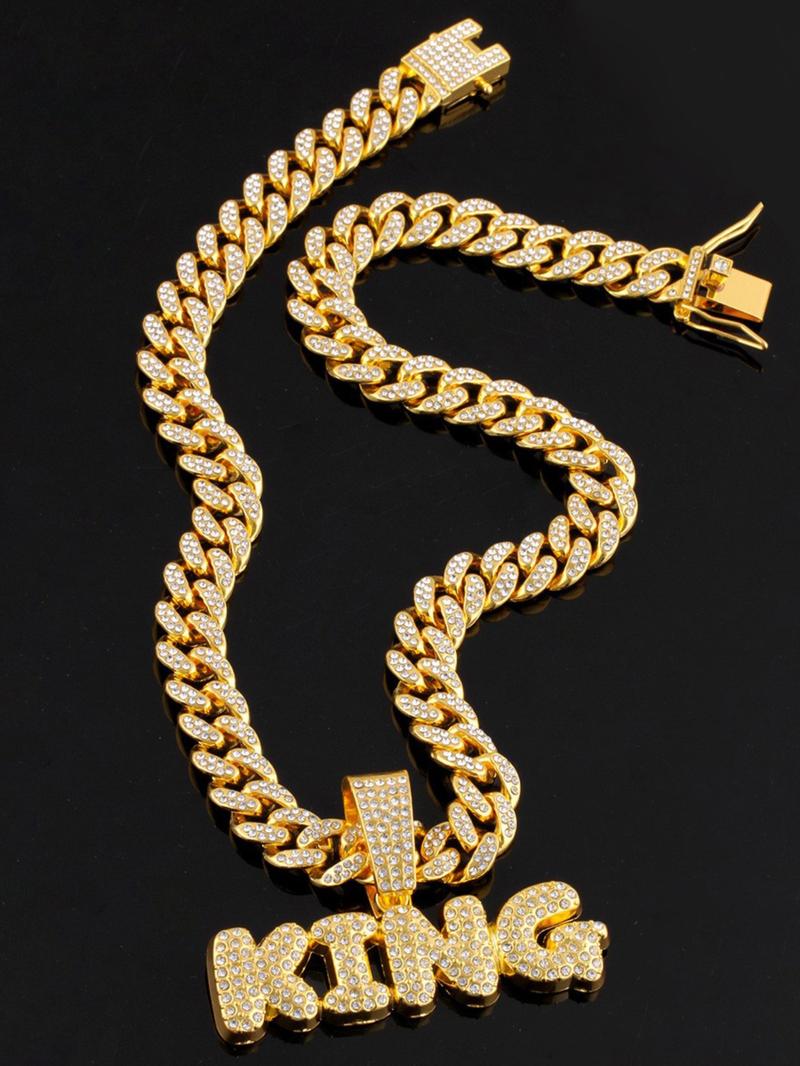 Hiphop Full Diamond King Letter Cuban Chain, Fully Encrusted Detail, Shiny, Unisex Street Style Jewelry, Cuban Link Chain