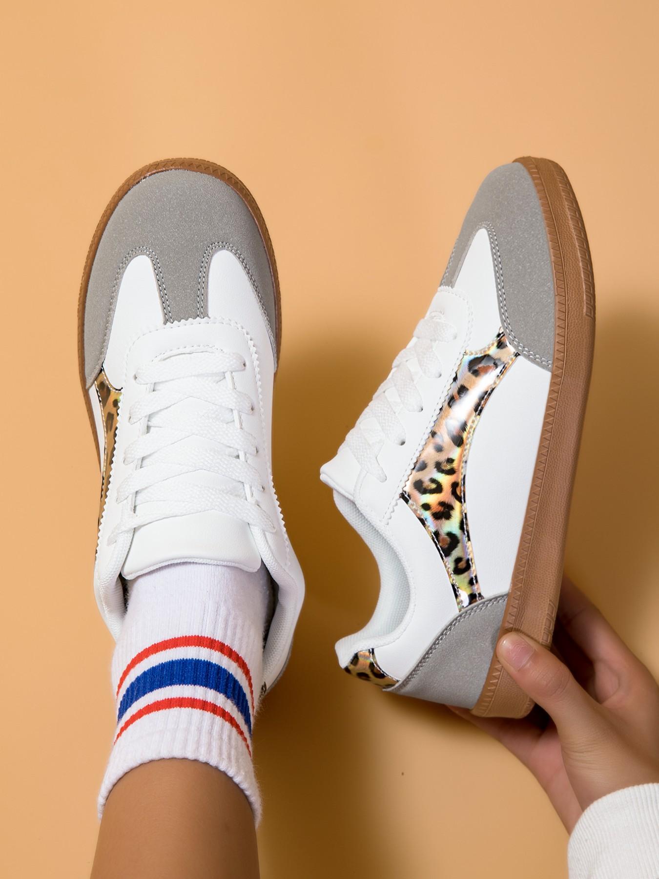 Dn. Monkeys Unisex Retro Leopard Print Sneakers, Laser Cut Patchwork Design, Casual Low Top PU Leather Shoes, All Seasons Comfort