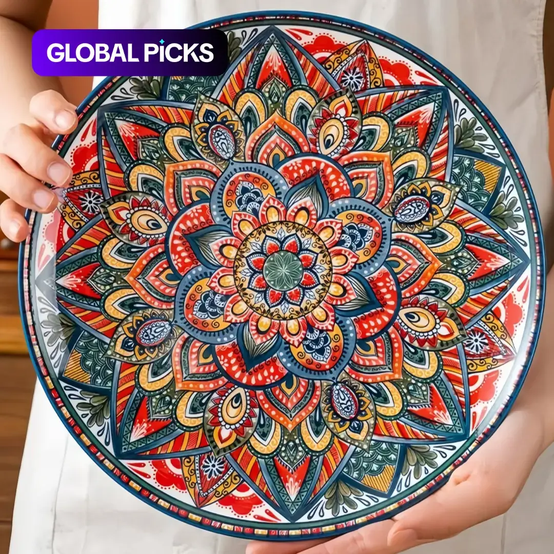 Boho Style Flower Pattern Ceramic Plate, Floral Plates, Decorative Plates, Dinner Plates, Colorful Exquisite Salad Plate, Salad Serving Plates, Large Dinnerware Set for Home Kitchen Dining Room, Dishwasher Safe Tableware, Modern Ceramic Plates