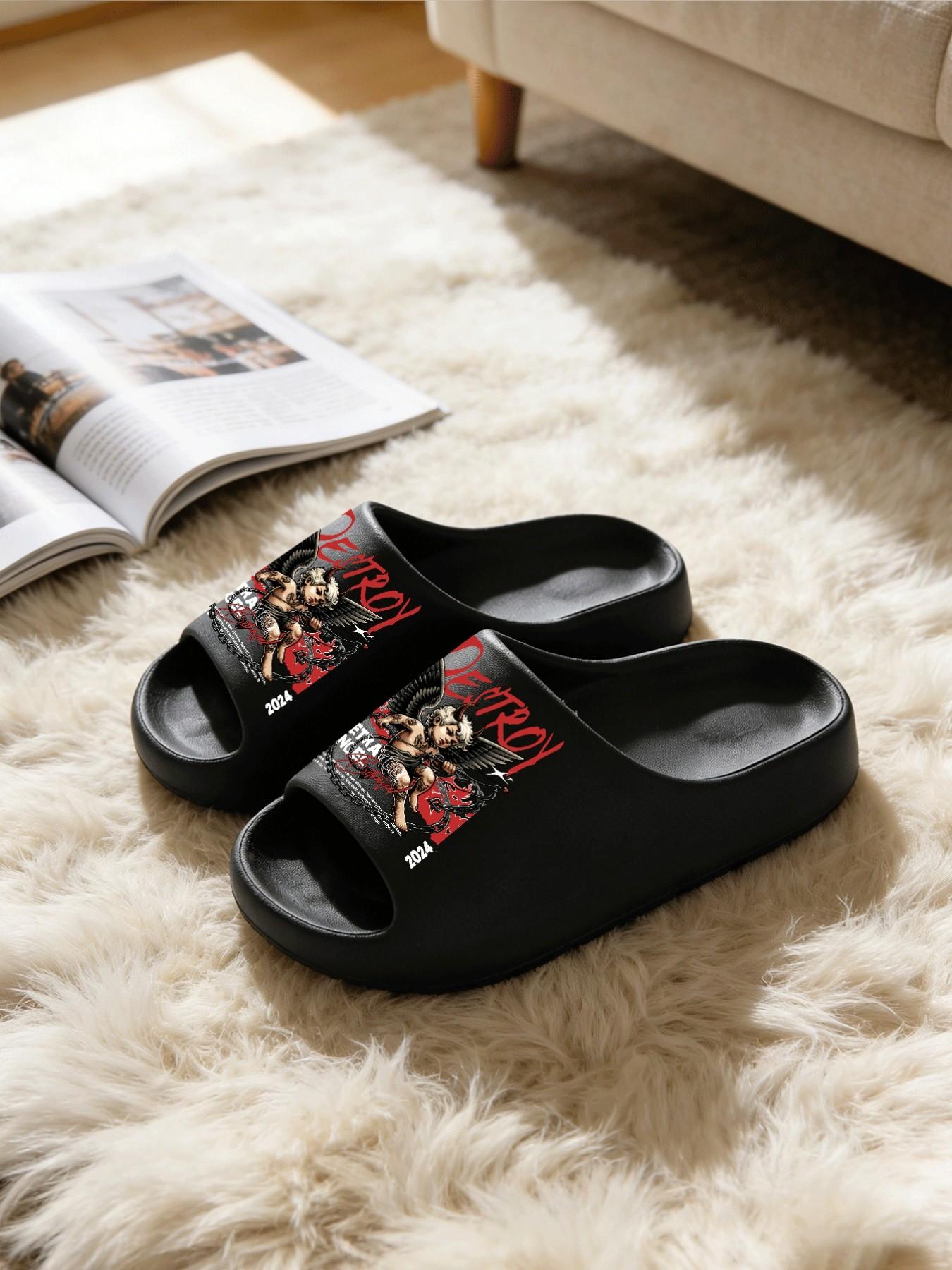 Dark Chain Devil Cupid Print Fashion Slippers, Heavy Metal Cool Style, Thick Sole Soft Bottom, Couples Home Outdoor Use