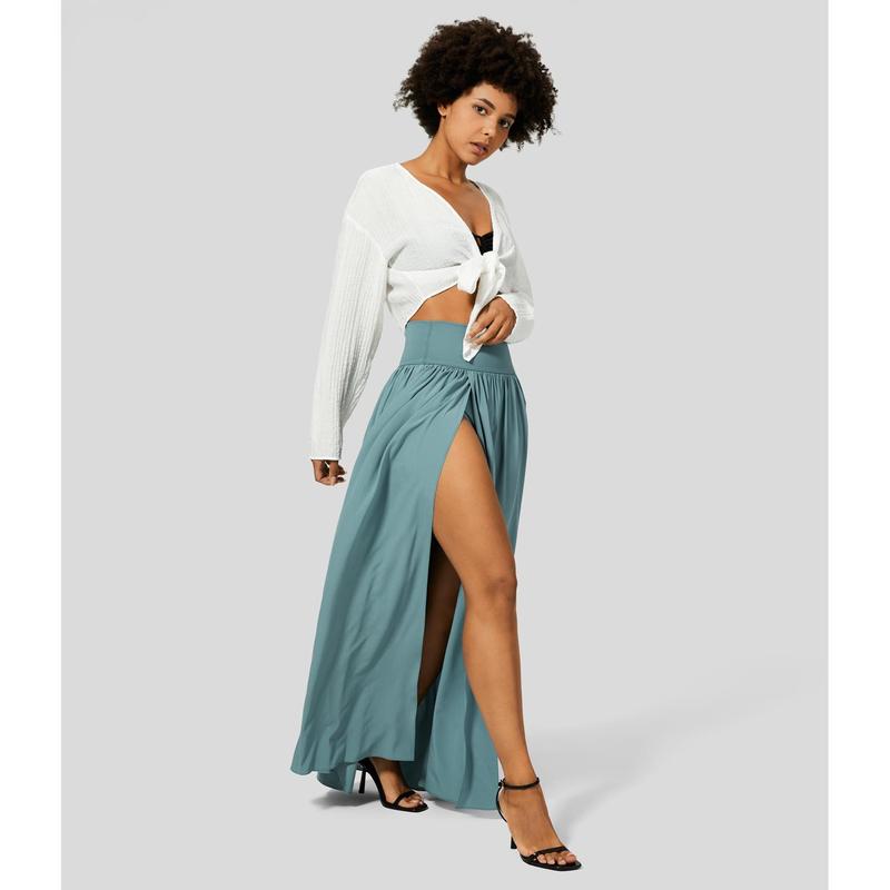 Halara Breezeful High Waisted Plicated Split 2-in-1 Flowy Quick Dry Maxi Casual Skirt#TikTokShopBacktoSchool