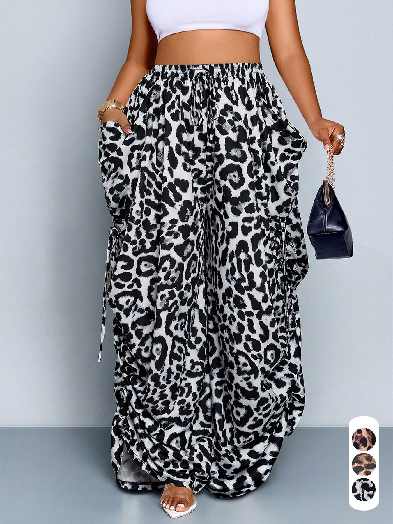 Women's Plus Size Leopard Print Wide Leg Pants, High Waist Elastic Waist Adjustable, Loose-Fitting Long Pants, Casual All Seasons Fashion