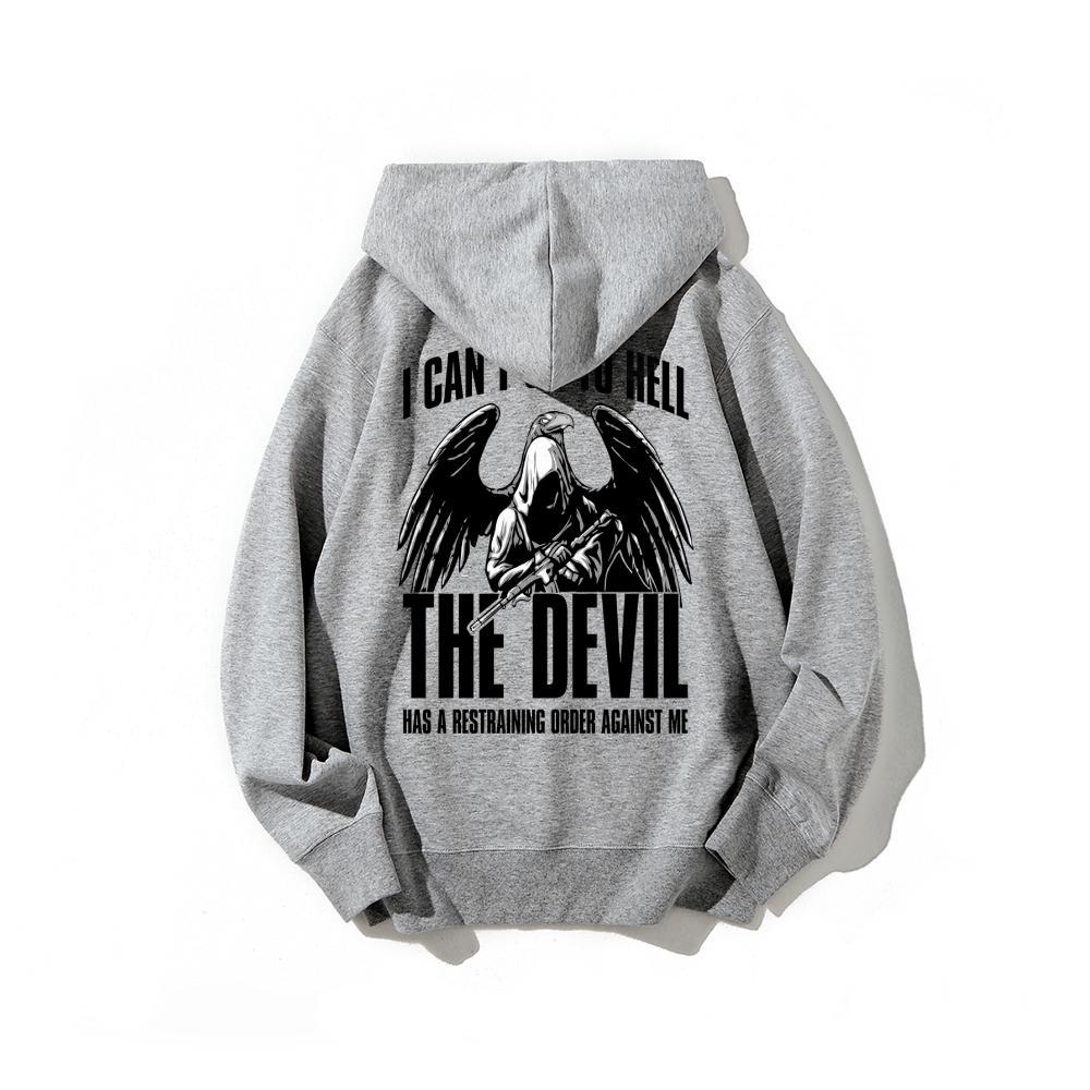 Funny Dark Humor Hoodie "I Can't Go To Hell" Quote Sweatshirt Edgy Grunge Aesthetic Gothic Skeleton Wing Graphic Hooded Top for Men Women Gift Printed Unisex Casual Hoodie