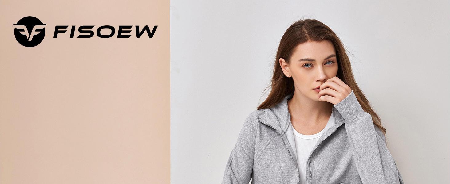 Fisoew Womens Zip Up Sweatshirts Fleece Lined Collar Crop Hoodie Casual Cotton Long Sleeve Tops with Thumb Hole poncho winter clothes women FallFreshness Fit Grey fur coats for women leather jacket women jacket for women puffer jacket puffer jacket women
