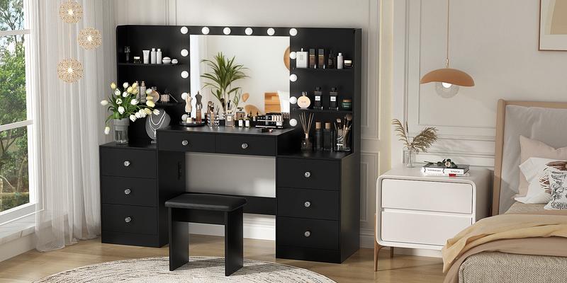 VOWNER Modern Makeup Vanity Desk with Lighted Mirror and Sturdy Stool,Makeup Table Sets with Drawers and Shelves vanity mirror Furniture Bedroom