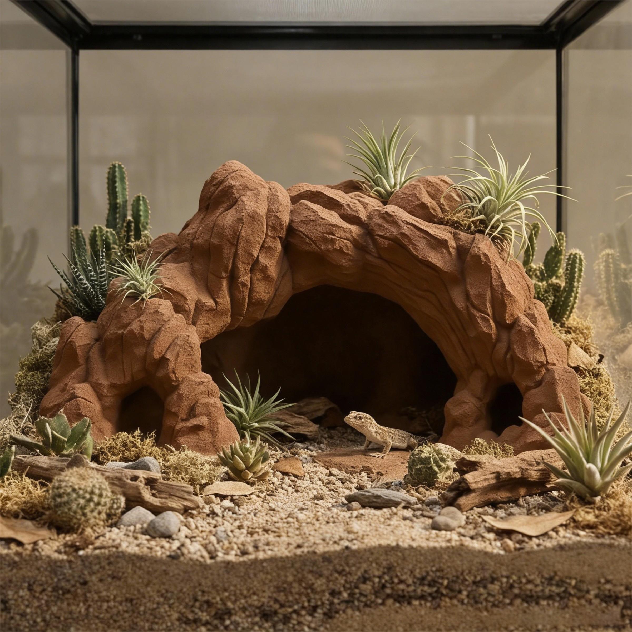 3D Printed Desert Cave Hideout for Reptiles, Frogs, Salamanders, Fish, Shrimp, Aquatic & Terrestrial Aquarium Decor, Sandstone Texture, Grass Top Design
