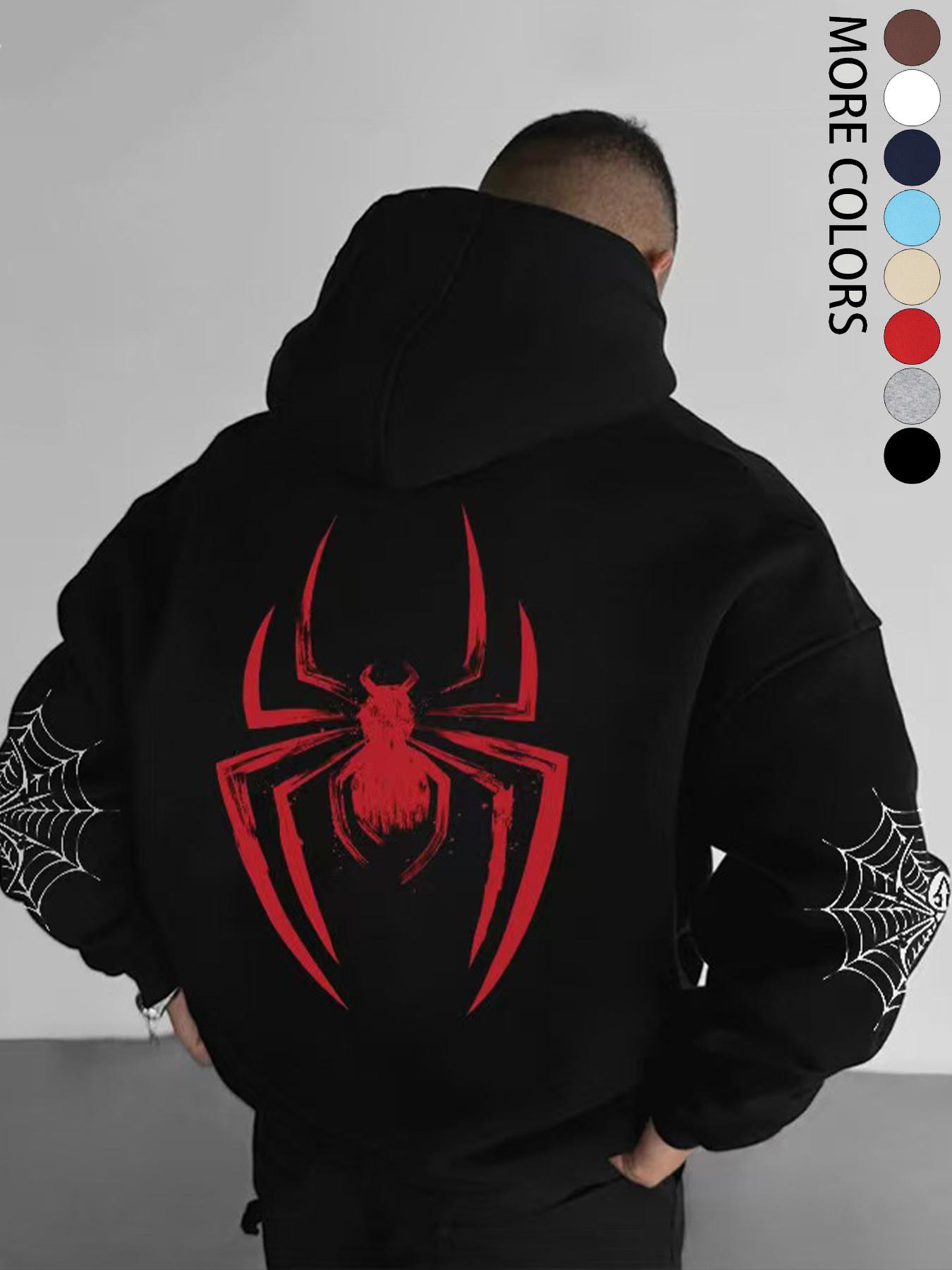 Men's Fall/Winter Spider-Print Hooded Sweatshirt with Drawstring and Kangaroo Pocket, Casual Street Fashion Hoodie, Casual Streetwear Hoodie, Comfortable Fabric, Fitted Graphic Sweatshirts