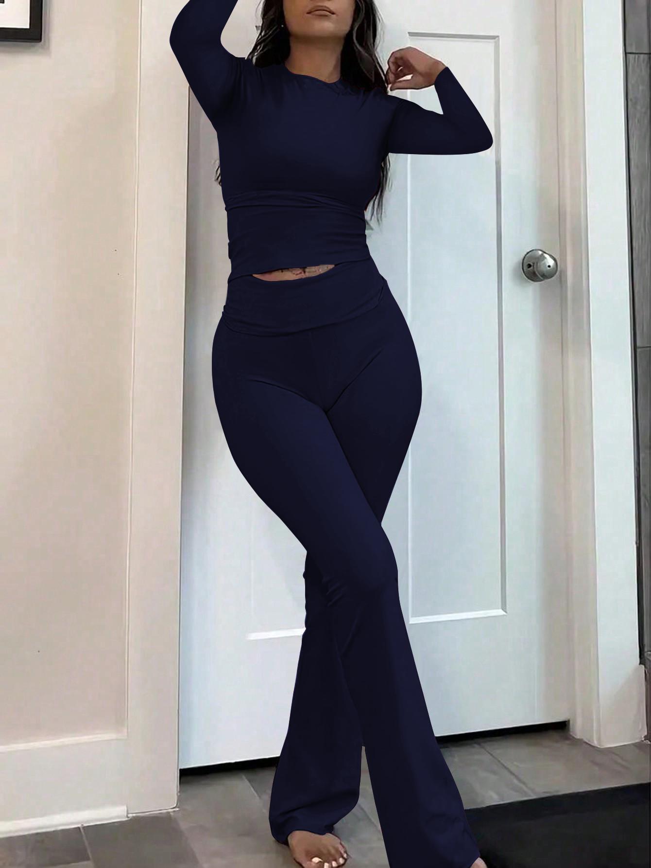 USBoutique Chic 2-Piece Pants Set – Women's Casual Crop Long Sleeve Top & Fold Over Flare Leg Pants, Summer Matching Outfit for Daily Wear, Soft Elegant Womenswear