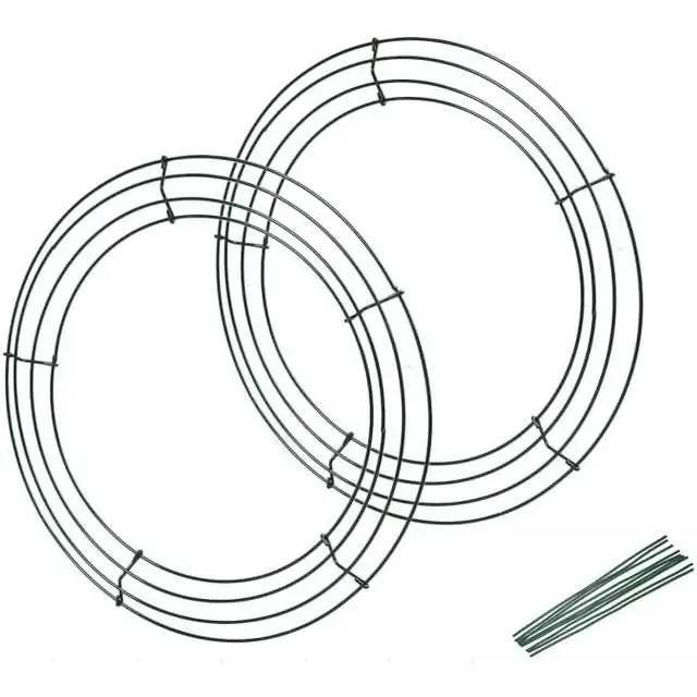 2 count 14 inch Metal Wire Wreath Form with 10 count Tie Frame Dark Green Ring for Fall Festival and Halloween Decoration Door