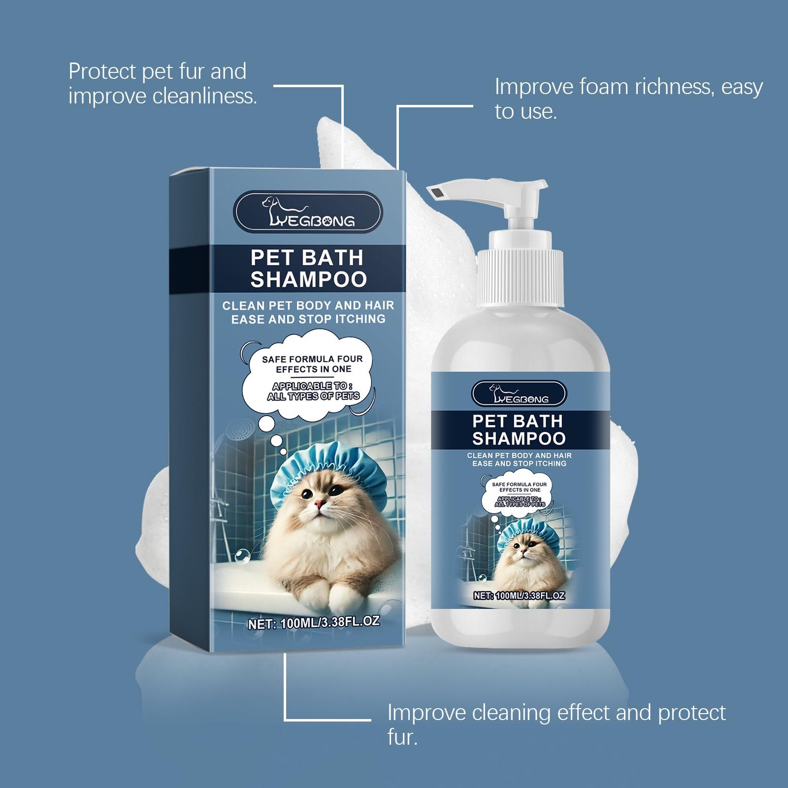 Pet Shampoo for Dogs, Cats and Kittens. Natural mild ingredients gently clean fur, soothe itchy skin and remove odors. Deeply nourishes dry coats to keep hair fluffy, soft and shiny. Safe formula, suitable for all pet breeds.