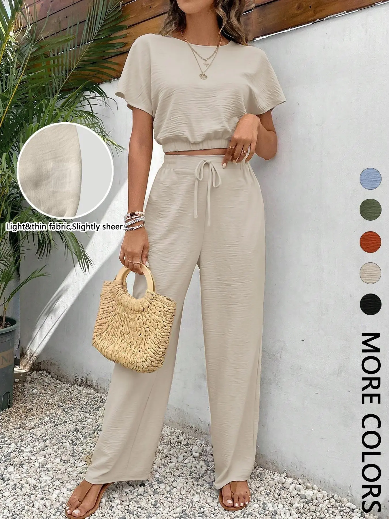 Women's 2-Piece Solid Short-Sleeve Top and High-Waisted Wide-Leg Pants Set, Outfit, Casual Fashion Cozy Top & Trousers for Daily Outdoor Wear, Ladies Summer Clothes