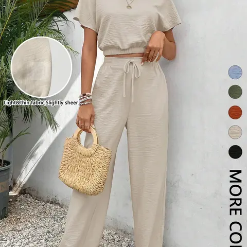Women's 2-Piece Solid Short-Sleeve Top and High-Waisted Wide-Leg Pants Set Outfit Casual Fashion Cozy Top & Trousers for Daily Outdoor Wear, Ladies Summer Clothes