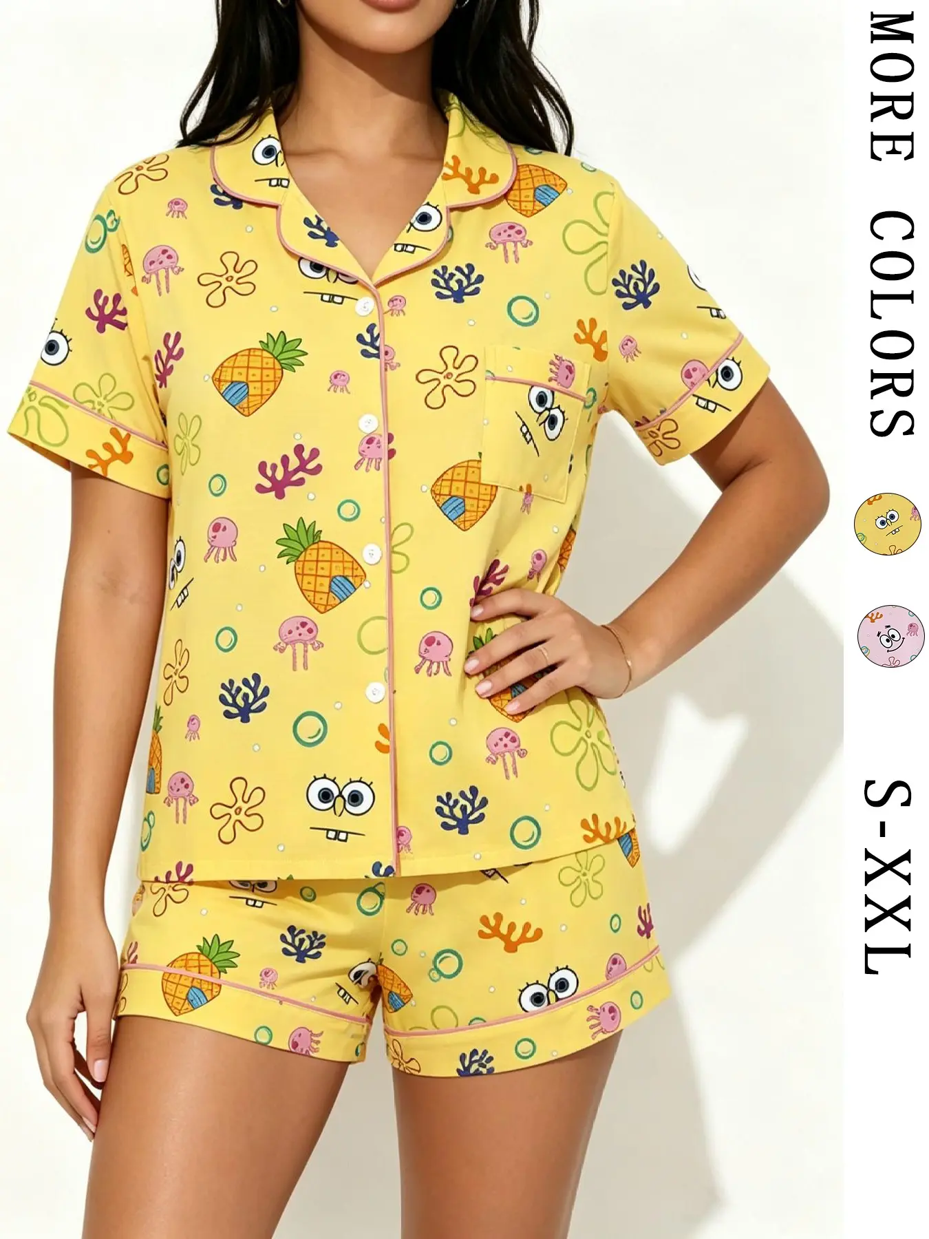 Teenage Pineapple Cartoon Print Pajama Set, Short Sleeve Button-Up Top + Elastic Waist Shorts, Breathable Summer Sleepwear, Perfect Gift