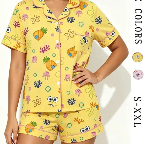 Teenage Pineapple Cartoon Print Pajama Set, Short Sleeve Button-Up Top + Elastic Waist Shorts, Breathable Summer Sleepwear, Shorts Sleepwear Sets, Perfect Gift