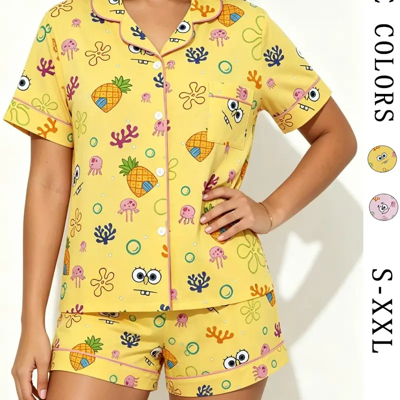 Teenage Pineapple Cartoon Print Pajama Set, Short Sleeve Button-Up Top + Elastic Waist Shorts, Breathable Summer Sleepwear, Shorts Sleepwear Sets, Perfect Gift
