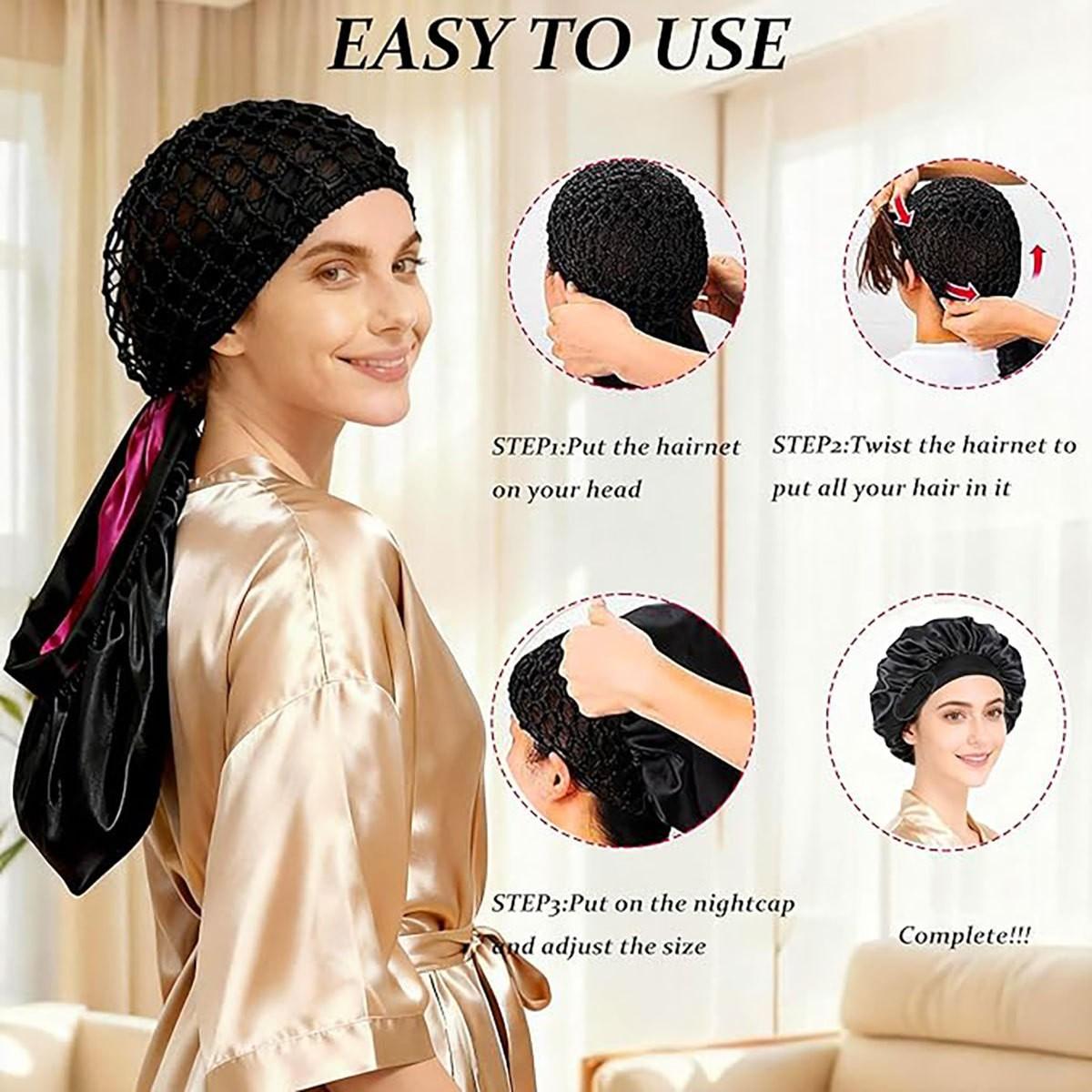 2-In-1 Satin Bonnet with Hairnet, Adjustable Wrap Cap for Curly/long Hair, Reversible Shower Cap, Reduces Frizz & Split Ends, Travel Friendly