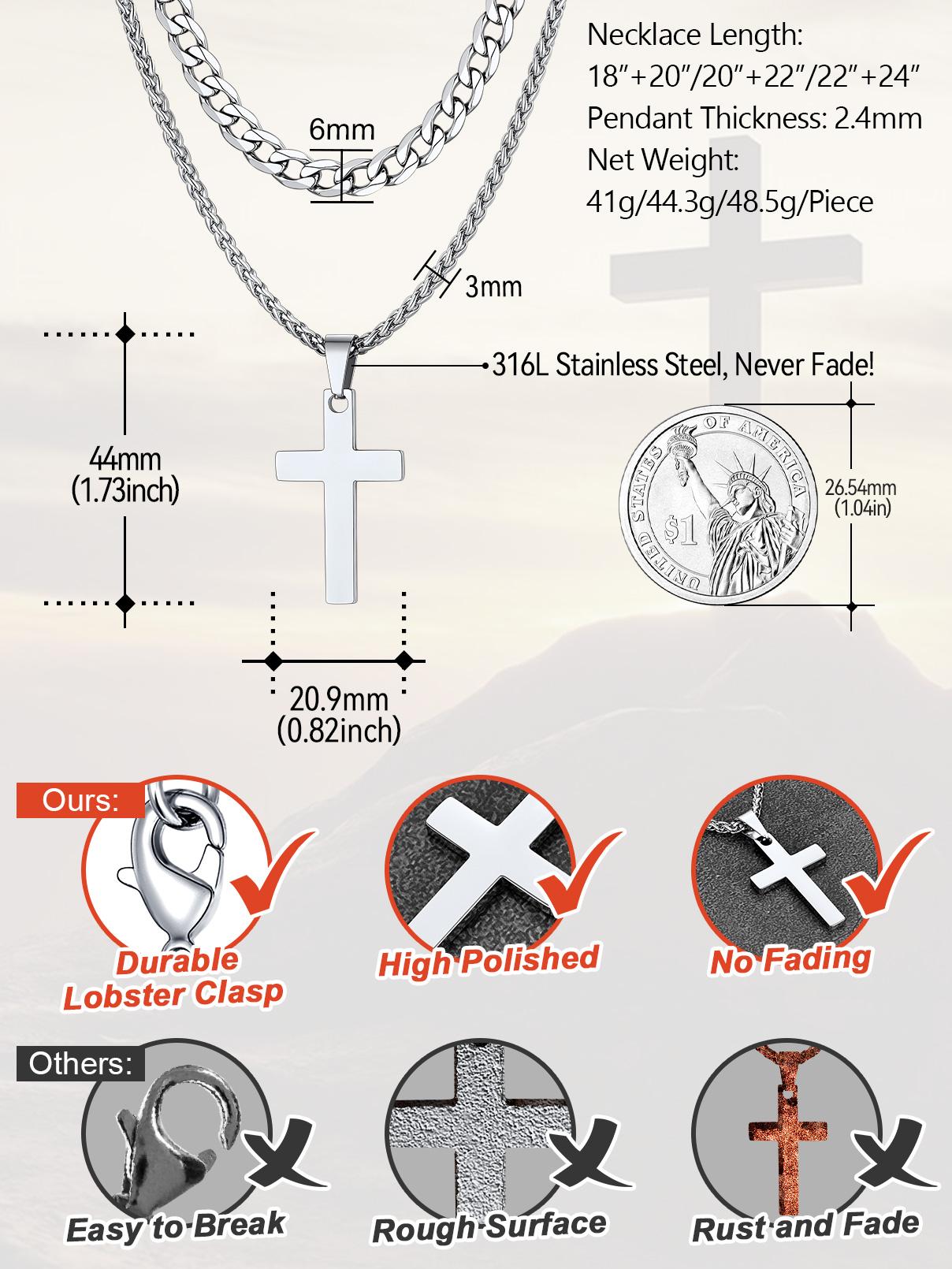 PROSTEEL Double Layered Cross Pendant Necklace Set Stainless Steel Catholic Crucifix Cuban Chain Necklace Religious Jewelry For Men Women Gift Box