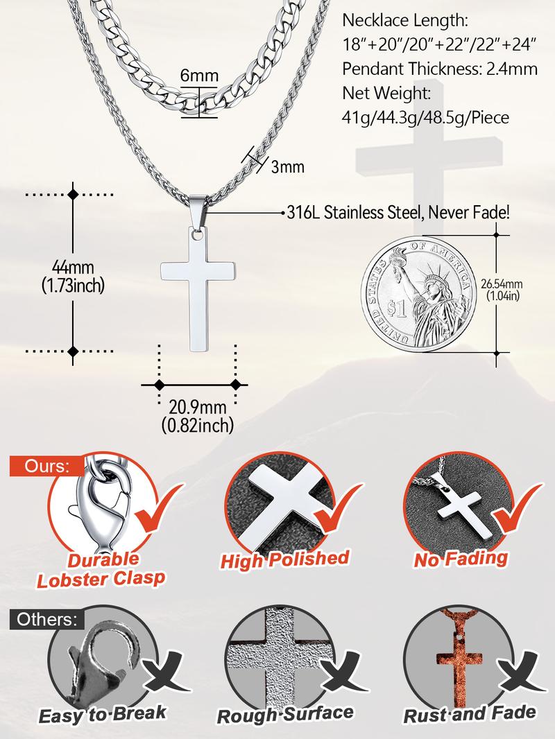 PROSTEEL Double Layered Cross Pendant Necklace Set Stainless Steel Catholic Crucifix Cuban Chain Necklace Religious Jewelry For Men Women Gift Box