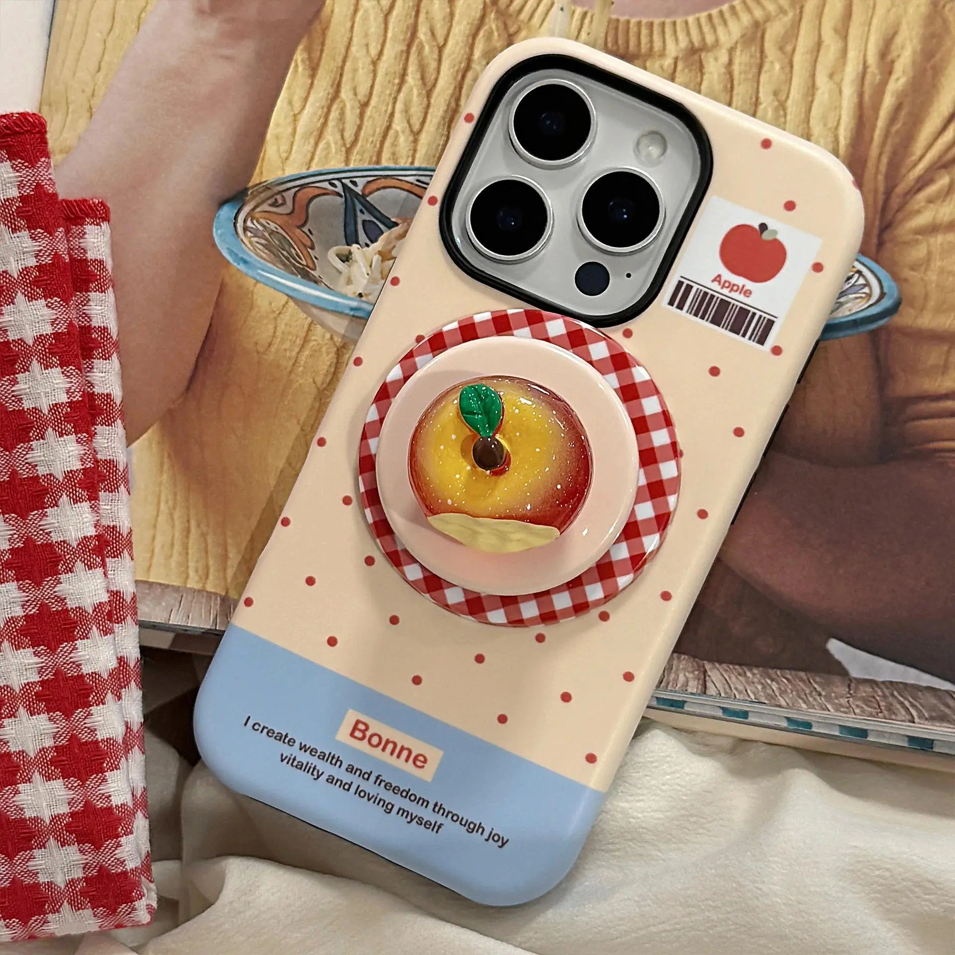 Cute Polka Dots 3D Luminous Crystal Apple Lattice Bracket Magnetic Phone Case For iPhone 12 13 11 14 15 16 17 Pro Max Hard Cover