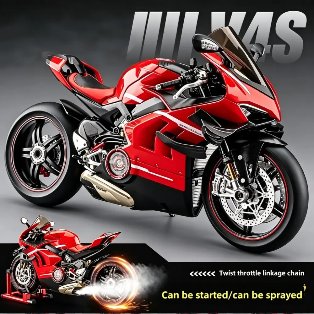 Large Scale Dynamic Alloy Motorcycle Model, 1:7 Ultra-Light Carbon V4, Sound Light Simulation, Key Start, Spray Effect, Collectible Toy