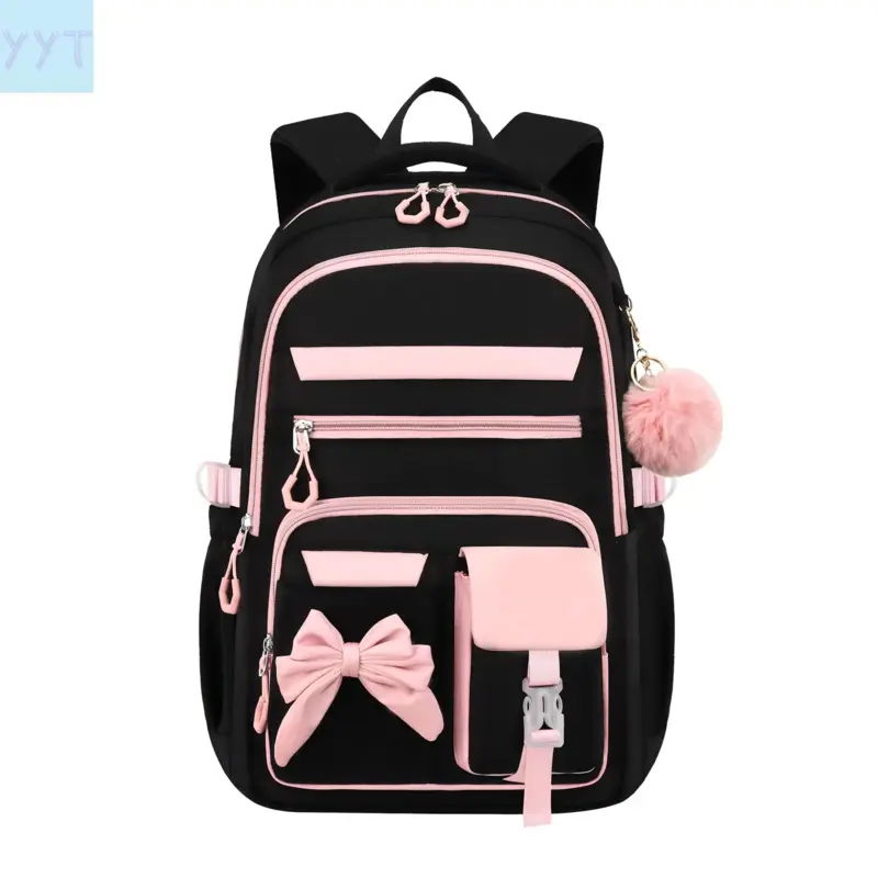 YYT1 Bow Pattern Backpack, School Bag, Casual Zipper Backpack with Pom-Pom Ball, Fashionable Backpack Women & Girls, Daily Use, School Backpacks, Casual College Backpack