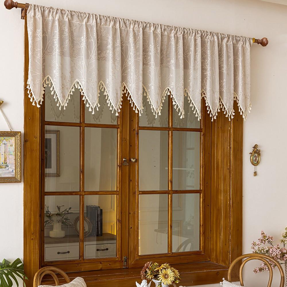 1pc American Country Leaf Embroidered Triangle Fringe Half Curtain, Vintage Coffee Shop Curtain, Kitchen Window Decor, Retro Style