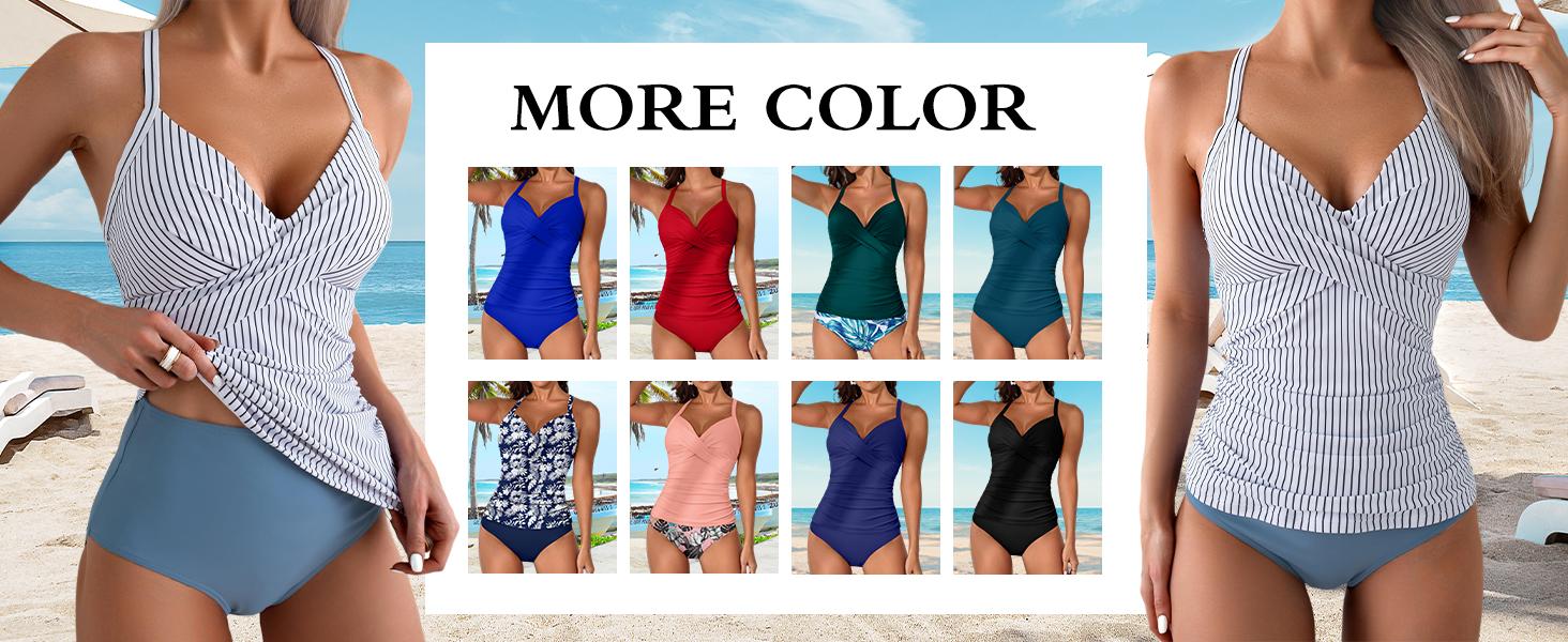 B2prity Women's Ruched Tankini Swimsuits V Neck Wrap Tie Back Two Pieces Bathing Suit Tummy Control Swimwear Deals for You Days
