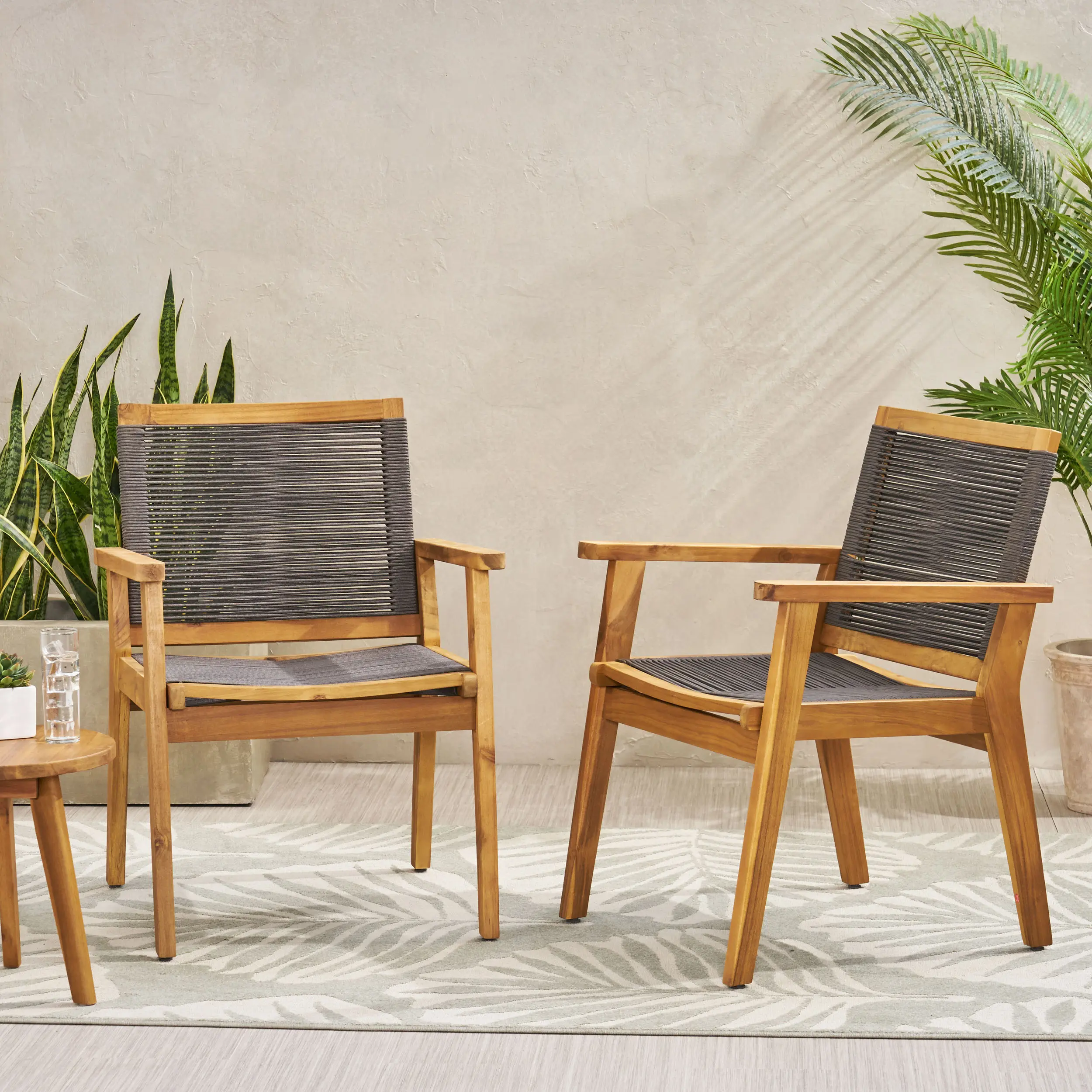 Nokaa McGill Dining Chair Set of 2 – 400 lbs Capacity, Acacia Wood & Rope Weave, Transitional Style for Indoor/Outdoor Use, Dark Grey Finish