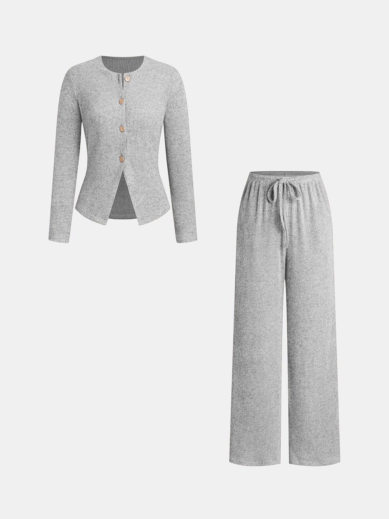 Women's Autumn Winter Set, Knitted Long Sleeve Boat Neck Top with Buttons & Ribbed Long Pants, Casual Loose Fit for Ladies