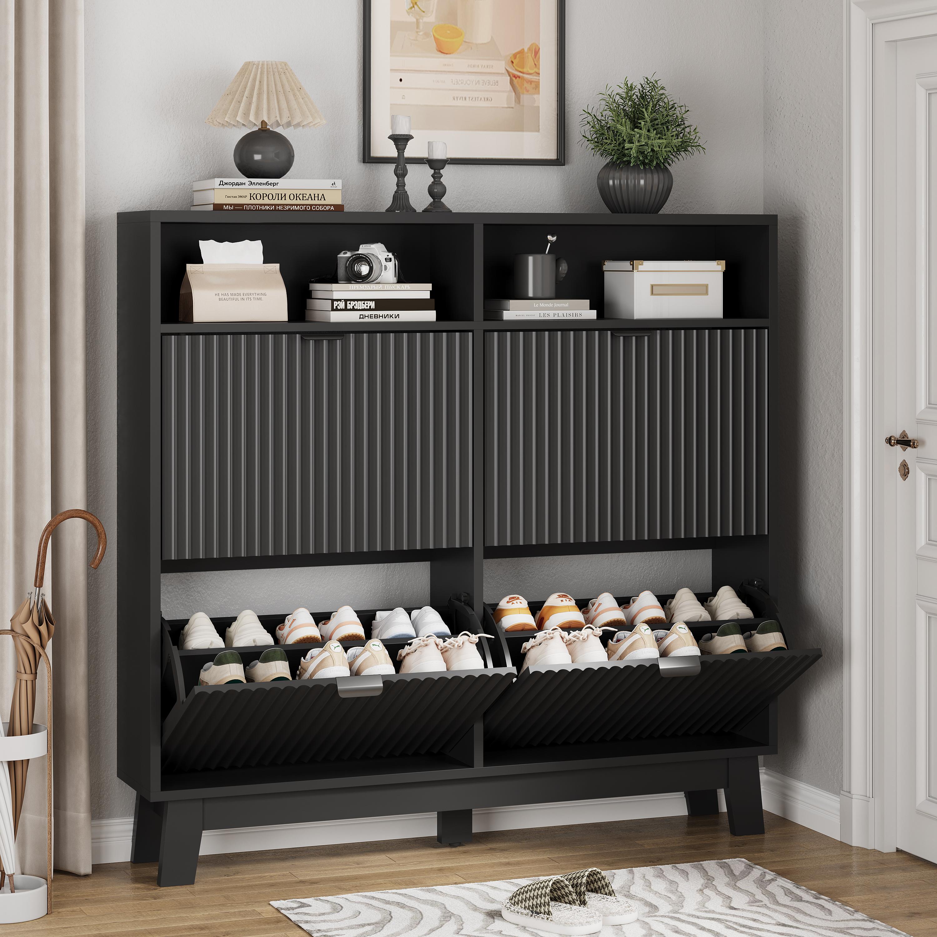 Shoe Cabinet Storage for Entryway with 4 Flip Drawers, Fluted Narrow Shoe Organizer with Wooden Legs & Top Cubby, Freestanding Slim Shoe Storage Hidden Shoe Rack for Front Door Entrance