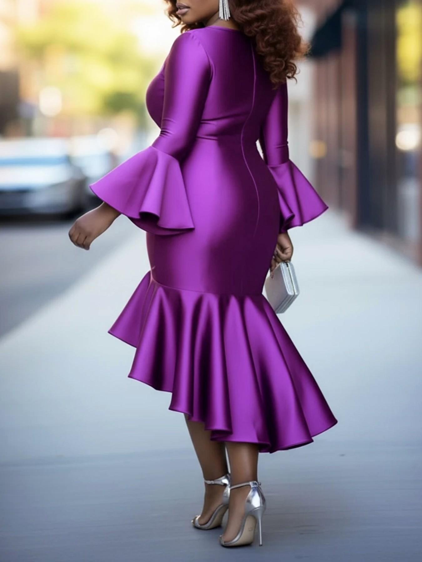 Plus Size V Neck Bell Sleeve Fish Tail Dress, Fitted A-Line Asymmetrical Ruffle Evening Gown, All-Season Formal Wear