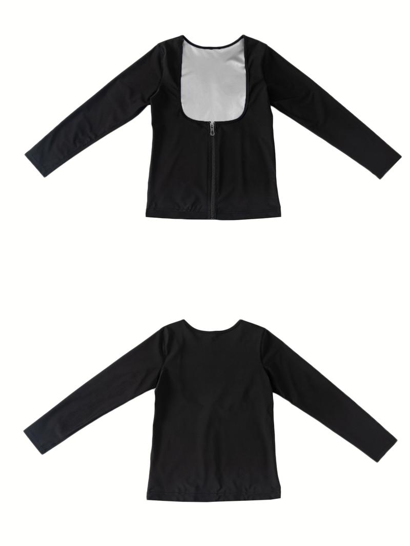 Women's Solid Long Sleeve Zip Up Sauna Top, Open Bust Tummy Control Training Sports Shaperwear Top, Workout Gym Exercise Clothing for Women, Women Workout Clothes