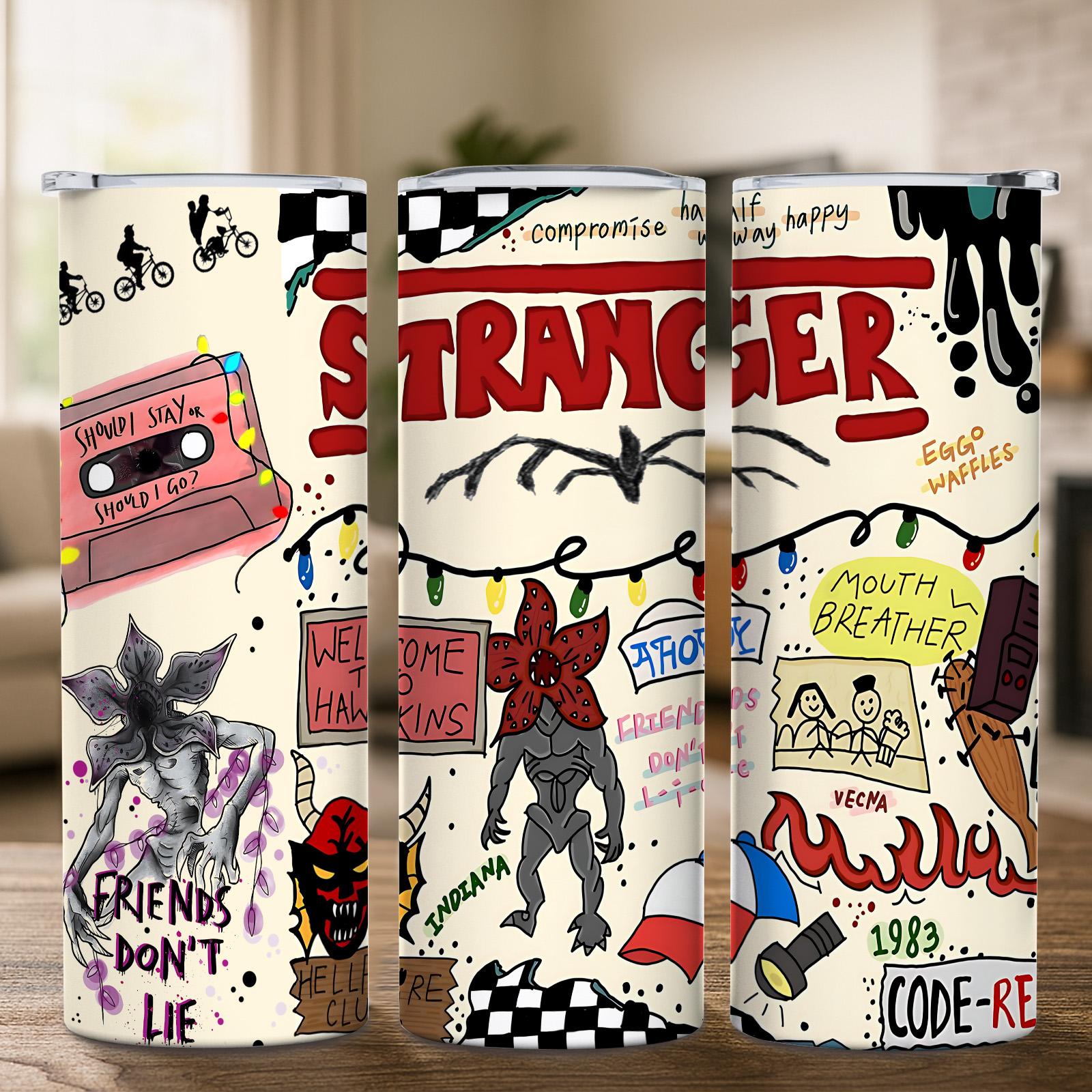 1 Pc 20oz Skinny Vacuum Cup, Tumbler, Funny Dad Tumbler, Insulated Travel Drinkware, Retro 80s sci fi doodle collage, monster art, double wall steel, leak proof lid, keeps hot 12 hours, cold 24 hours, movie fan gift, gift for friends