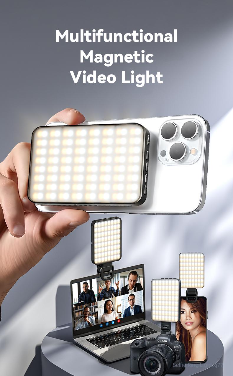 EMEET XJ77 Magnetic Video Light, 3 Color Modes and 10 Brightness Levels, 2000mAh Portable Camera Light 4W Output Power, LED Video Light Panel, 3000-6500K 128 LED Beads for TikTok, Content Creator, Photographer portable light