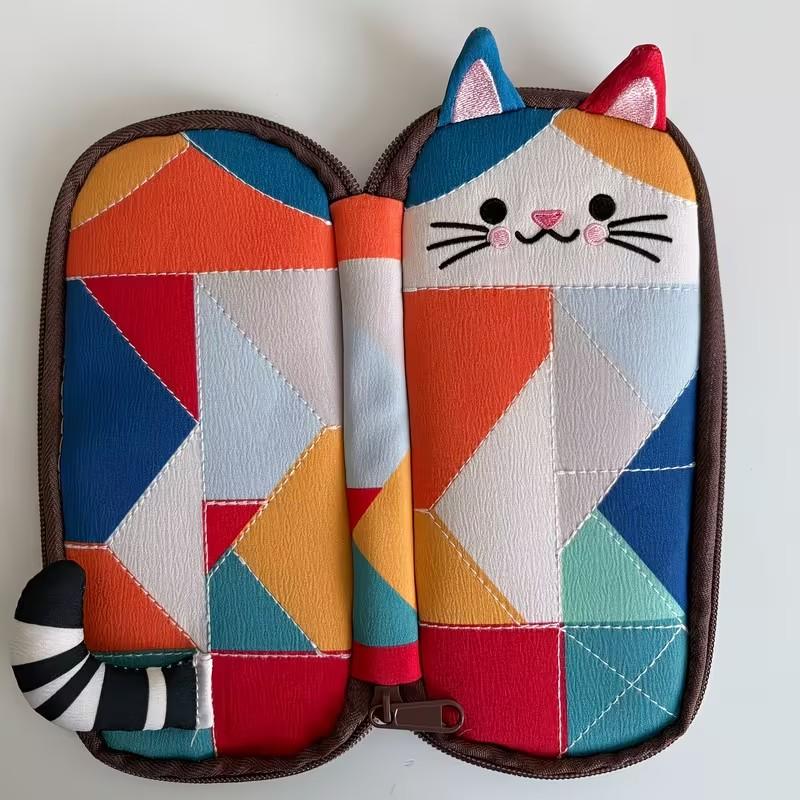 Cat Shape Patchwork Pencil Case, 3D Cat Contour Design, Portable Compact Size High Aesthetic Stationery Storage Bag Office Supplies for Student School & Office Use