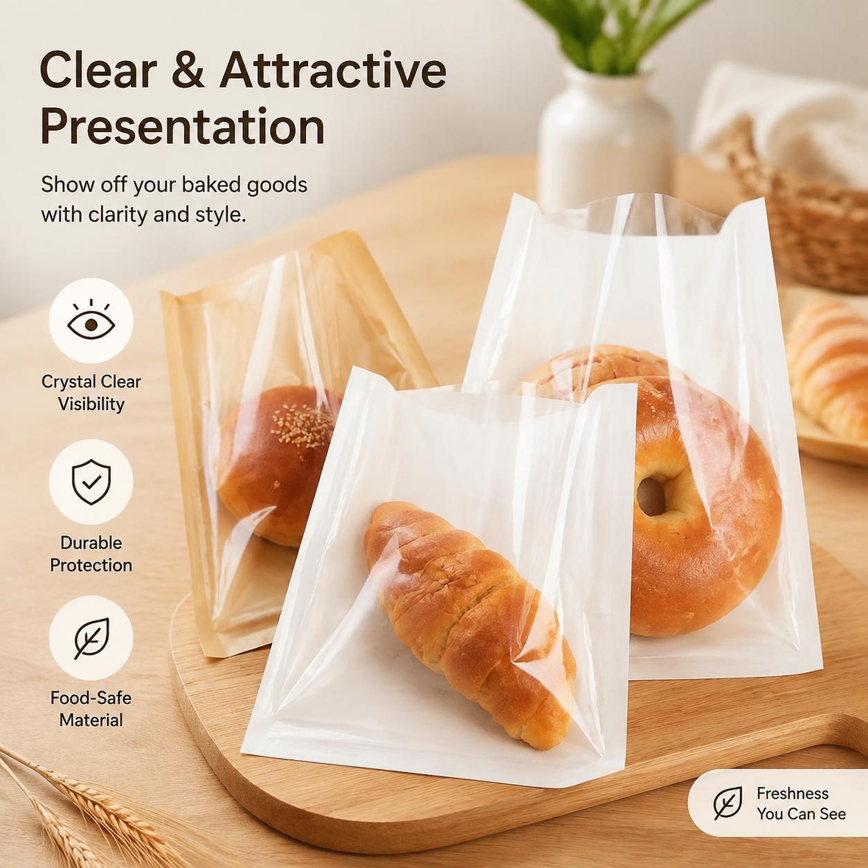 Eco-Friendly Kraft Paper Food Packaging Bags – Grease-Resistant, Transparent Triangular Design for Croissants, Toast, Sandwiches, and Bakery Items – Sustainable, Compostable, Food-Safe Carryout Solution