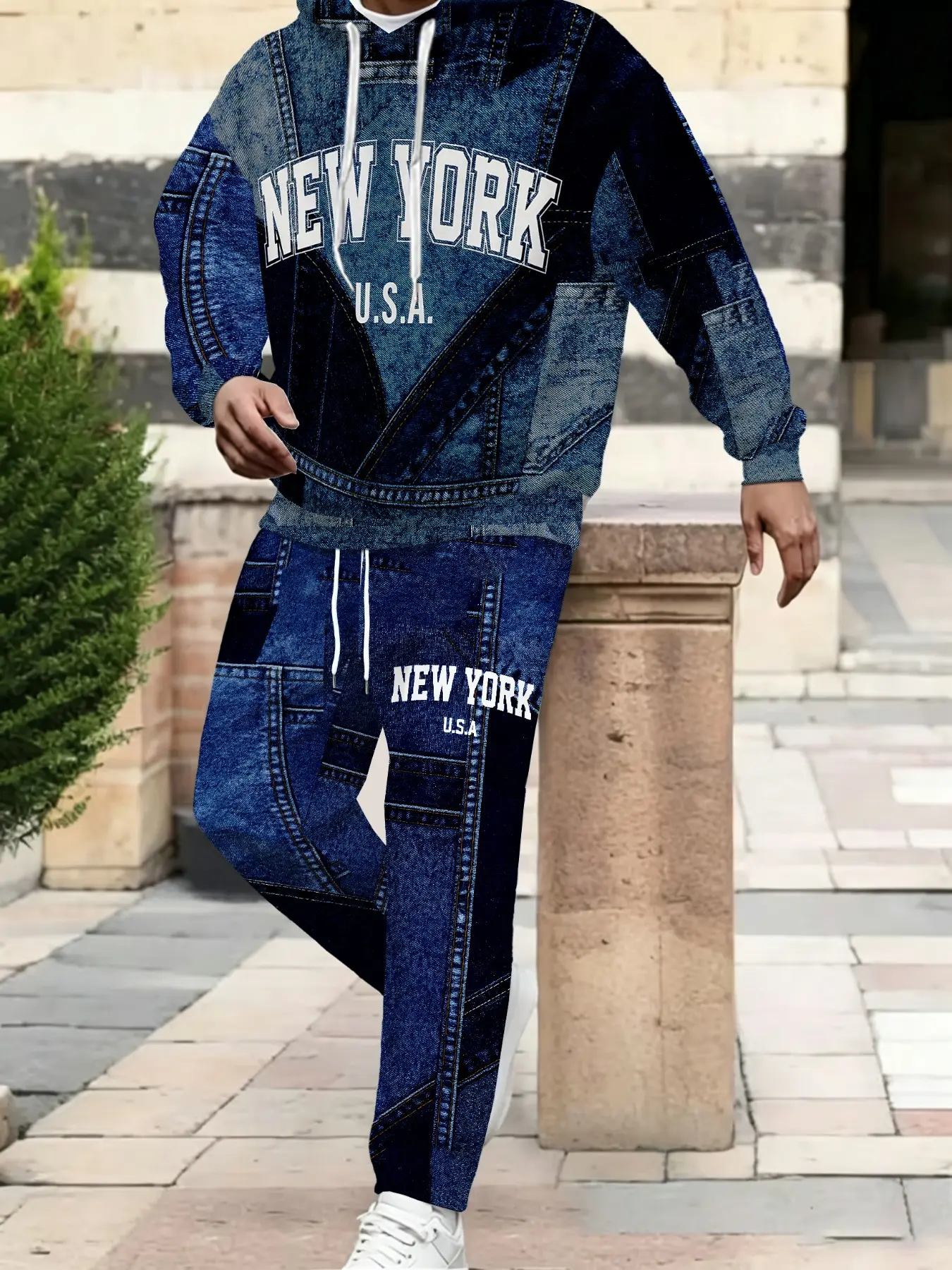 2 Piece Set American New York Letter Print Denim Hoodie Pants, Drawstring Cap Sporty Casual, Unisex Spring Fall Daily Wear